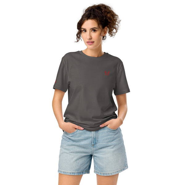 Krabbe unisex bio t-shirt aus Bio-Baumwolle, grau, mit feiner roter Stickerei, für nachhaltigen Einsatz.