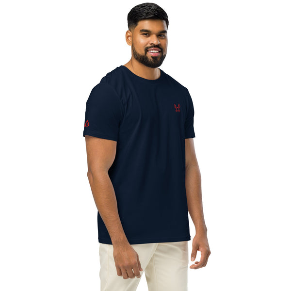Unisex Bio-T-Shirt in navy mit feiner Stickerei für nachhaltigen Stil und Komfort.